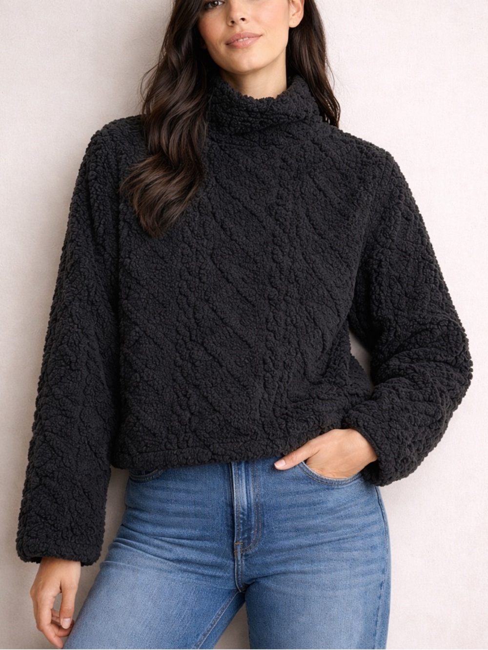 Eddie Bauer Sherpa Knit Turtleneck Sweater Women’s XL Black Cozy Soft